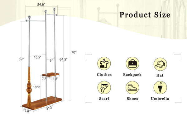 70" Industrial Coat Rack, Solid Wood & Silver Stainless Steel Clothing Rack, Double Layer Hanger for Coats, Hats, Bags, Shoes, Vintage Wood Grain (34.6" Wide)