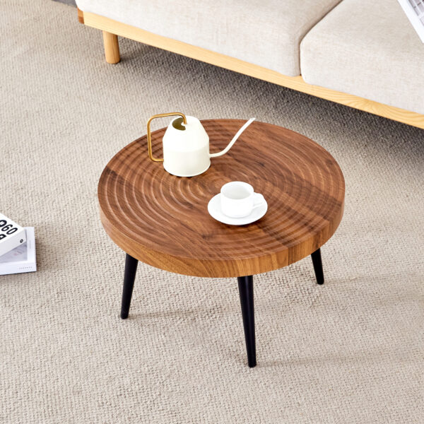 92332e664e824475ae4b2155cd785a2e_2cb421f90635ceb3bd510ed966d05189 Natural Wood Grain Texture Round Coffee Table - Diameter 23.6 Inches.Exquisite Suction Molding Process,Natural Wood Grain Texture,Black Sprayed Metal Leg.