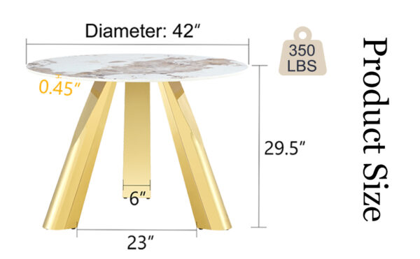 9247e2a9331742838c71c911941aeafa_f215a29ea83622c8a454d53dc5a14b51 A 42-inch stainless steel white pattern burning stone round table with gold legs Round table suitable for 2, 4 or 6 people
