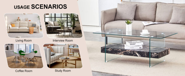 928e8a13ce9c4dddbca7a2c087bb2bc4_7771e0ca118751de68b30b99181cf553 43.3 Inch Modern Two-Tier Coffee Table - An Elegant Combination of Clear Glass and Black Marble Pattern.It can be used not only as a coffee table but also as a side table or display stand.