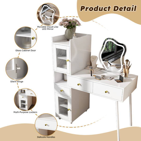 9291bad78f794cf8bc3c10f09328f451_cbf28557f42f1a5c55633db455d49370 Vanity Dressing Table with LED Mirror & Storage – White Makeup Desk Features 3 Drawers, 2 Open Shelves & 4 Hidden Cabinets (Transparent Doors) - 3 Adjustable Lighting Modes - Ideal for Bedroom or Livi
