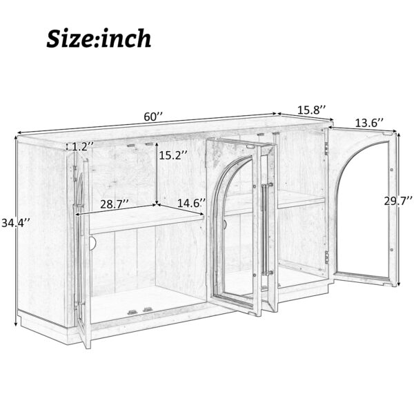 TREXM 4-Door Large Storage Sideboard Buffet Cabinet with Glass Doors, Arched Cabinet with Adjustable Shelves for Kitchen, Dining Room and Living Room (Black)