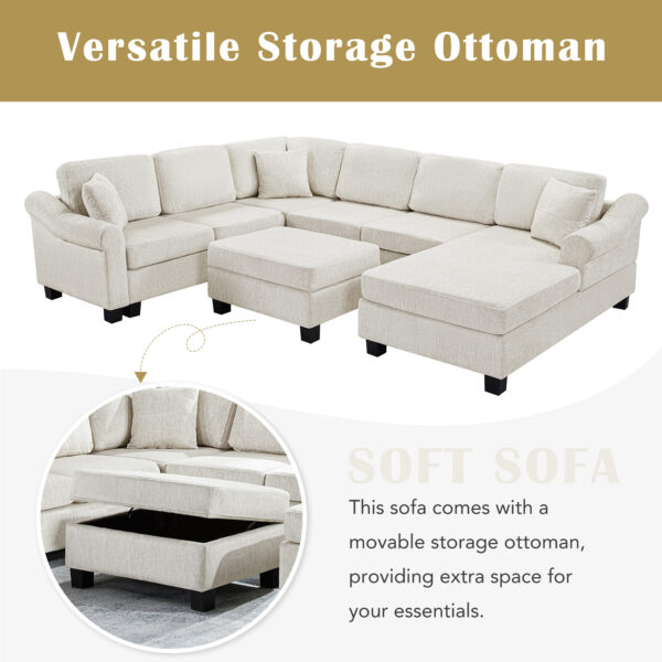 Sectional Sofa 111.8" U-shaped Sofa Chenille Upholstered Sofa Couch with Movable Storage Ottoman for Living Room, White
