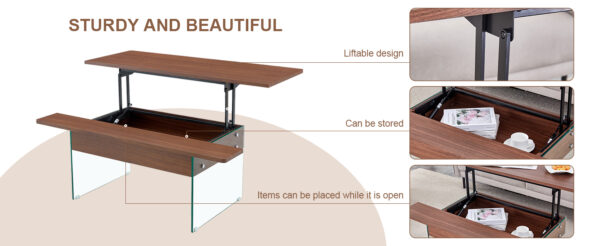 9334183086434755aa72888a282b1485_fc6f718d21ecdbfbbe18b657f4e6e1f0 Multifunctional Lift Top Coffee Table -Dark Wood Color Grain Sticker, Essential for Modern Homes.Tempered Glass Legs,Lift Top Feature.Perfectly Fitting Into Living Rooms And Office.