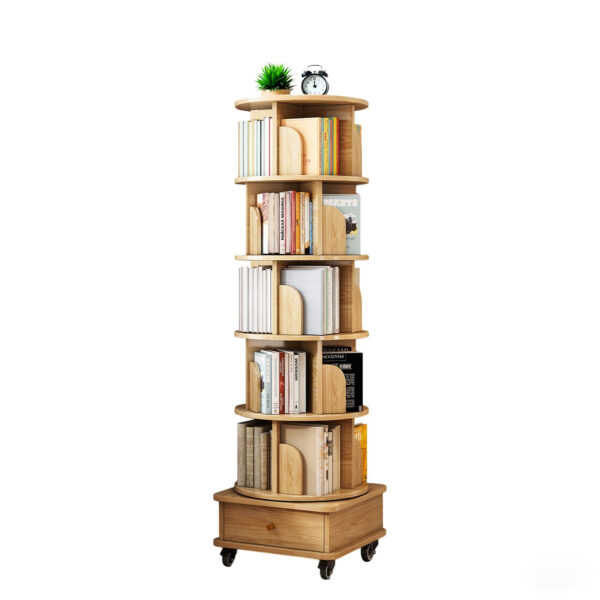 6 Tier Rotating Bookshelf, 360° Display Round Spinning Bookshelf with Wheels and Drawer, Space-Saving, Small Space Rotating Bookshelf Tower for Bedroom, Living Room, Home, Office, Wood Color
