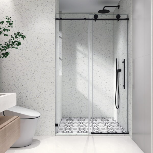 93c1794255d44ba28fff7b3dd9563672_ad10a994794a381b66a72cffb10bc98d 4876 Matte Black frameless one fixed and one shifted Shower Door, 70MM 304 SUS large pulleys with adjustable soft closing function,with nano easy cleaning and stick explosion-proof menbrance