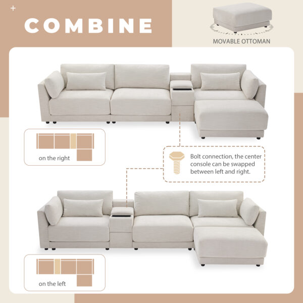 [VIDEO+NEW]124'' Modular Sectional Sofa with Storage Console and Movable Ottoman,33'' Wide Seat,4 Seat L Shaped Chenille Couch,Reversible Comfy Sofa with USB Charger for Living Room,Apartment,2 Colors