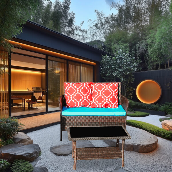 93c817d4d87947f4a61f9603b865c923_4866dd367c3412b2a2aa7df793344767 Four-Piece Sofa Set Table With Sofa Chair PE Rattan Outdoor Furniture HY4-001 Box *1 With Sapphire Blue Color Cushion