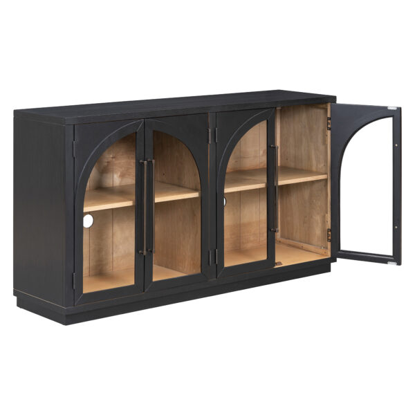 TREXM 4-Door Large Storage Sideboard Buffet Cabinet with Glass Doors, Arched Cabinet with Adjustable Shelves for Kitchen, Dining Room and Living Room (Black)