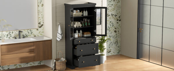 70.1" Modern High Freestanding Tall Bathroom Cabinet with 2 Adjustable Shelves, 3 Drawers, Soft Close Glass Doors – Ideal for Bathroom, Living Room, Kitchen Storage