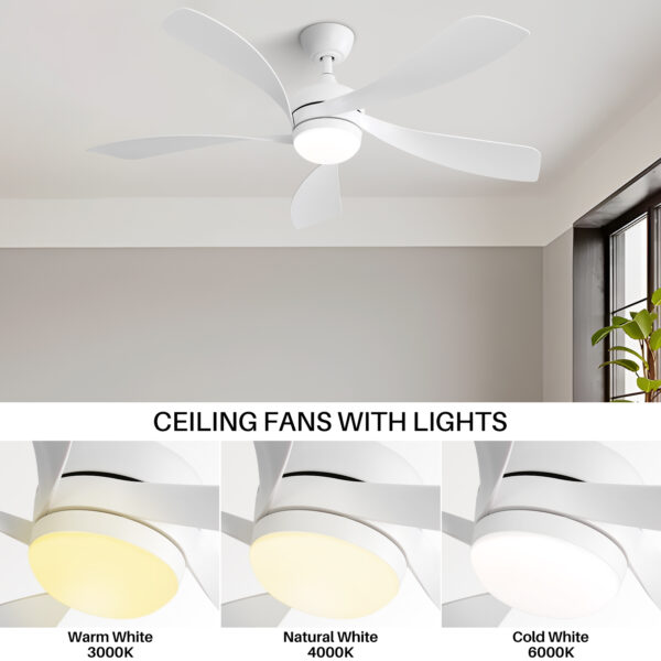 (Same as W882P146902) 52 Inch Modern Led Ceiling Fan With 3 Color Dimmable 5 ABS Blades Remote Control Reversible DC Motor White For Bedroom