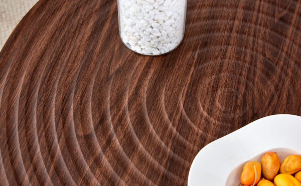 94ea329da3a44d11ab5716a1e36c8f57_b04520e365cc2a99d263d342052716f6 Modern Round Coffee Table - Annular Texture, Durable and Robust With a Diameter of 23.6 inches.Exquisite Suction Molding Process,Walnut Color Pattern Design,Black Sprayed Metal Leg.