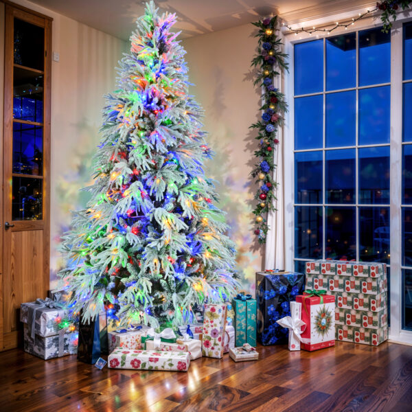 951410a9c06b418599e42a9ffe8edbf7_42e3110063f11ae438f8385e31658cf2 7.5FT Pre-Lit Spruce Snow Flocked Christmas Tree, Artificial Hinged Xmas Tree with 350 Multi-Color LED Lights, 8 Flashing Modes &1389 Snow Branch Tips, Holiday Office Home Décor