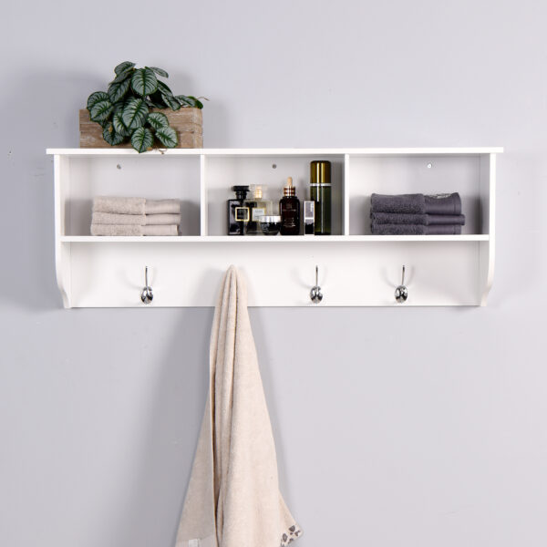 951c90cd33e243f197900ff3fbde92b0_20220128_e9c8032dfb6734515a221f342f77bc1d White Entryway Wall Mounted Coat Rack with 4 Dual Hooks Living Room Wooden Storage Shelf