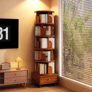 (UPGRADED) Rotating Bookshelf, 360 Display Corner Bookshelf for Small Space, 6 Tier Bookcase Storage Rack with Wheels, Wood Narrow Organizer for Bedroom, Living Room, Study Room, Walnut Brown, Shelves