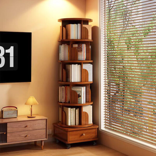 Walnut brown 6-tier rotating corner bookshelf elegantly displaying books in a modern living room setting. (UPGRADED) Rotating Bookshelf, 360 Display Corner Bookshelf for Small Space, 6 Tier Bookcase Storage Rack with Wheels, Wood Narrow Organizer for Bedroom, Living Room, Study Room, Walnut Brown, Shelves