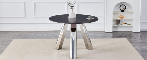 96640972d5fb4cd5a3790ff7f70d7f48_f35f24a102b936a78c01438f78e958d8 A 42-inch burn stone round table with stainless steel legs can accommodate 4 or 6 diners