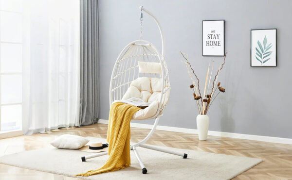 Heavy-Duty Iron Hanging Chair with Wicker Weave – Single Person Swing for Indoor/Outdoor (White)