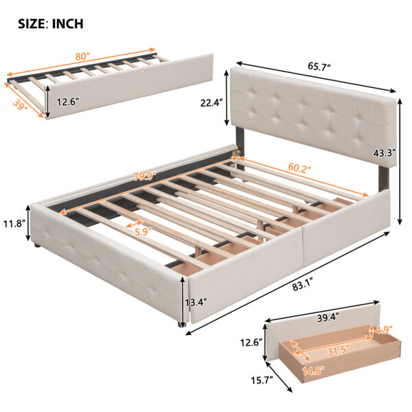 Upholstered Platform Bed with 2 Drawers and 1 Twin XL Trundle,  Linen Fabric, Queen Size - Dark Beige