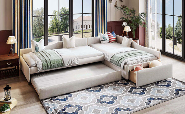 Upholstered Double Twin Size Daybed with Trundle and Drawer, Beige(Expected Arrival Time: 6.27)