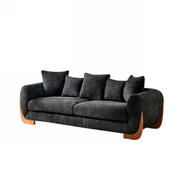 Modern Elegant Design 3 Seater Sofa with Wooden Legs, Comfortable Lambswool 5 Pillows for Living Room, Bedroom, Apartment, Black
