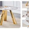 A 42-inch stainless steel white pattern burning stone round table with gold legs Round table suitable for 2, 4 or 6 people