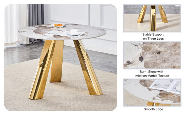 97de62baca3a4e9e99ff0cebb562a605_caa90896e02ceb28e0bf4bb52588402f A 42-inch stainless steel white pattern burning stone round table with gold legs Round table suitable for 2, 4 or 6 people