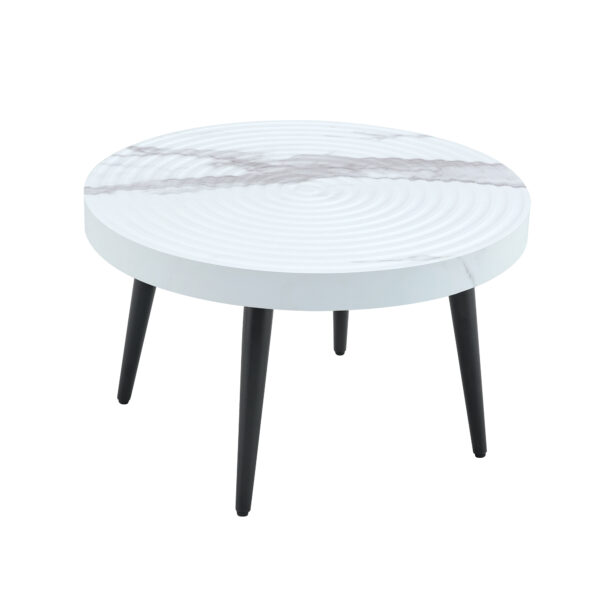 98008a85601a4588b588c908add29cb0_07835fed46cd70d338fd63ed21a3f927 Elegant White Marble Pattern Round Coffee Table - Diameter 23.6 Inches, Exquisite Suction Molding Process,White Marble Pattern Design,Black Sprayed Metal Leg.