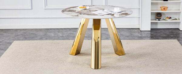 9824144acb2f42929cf849e7c0fa311f_a3c4fc2734438f11815cb3e61a031f65 A 42-inch stainless steel white pattern burning stone round table with gold legs Round table suitable for 2, 4 or 6 people