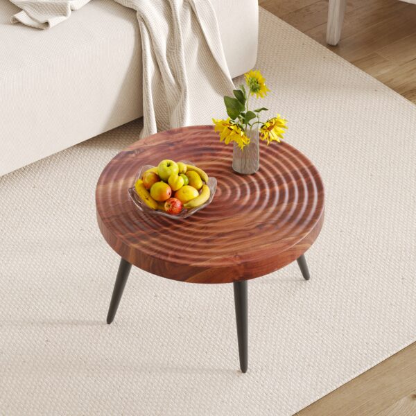 98799f548f03420fb68b9d3dea9cfc9a_2fc288b273a7d26703638630e389e58a Modern Round Coffee Table - Annular Texture, Durable and Robust With a Diameter of 23.6 inches.Exquisite Suction Molding Process,Walnut Color Pattern Design,Black Sprayed Metal Leg.