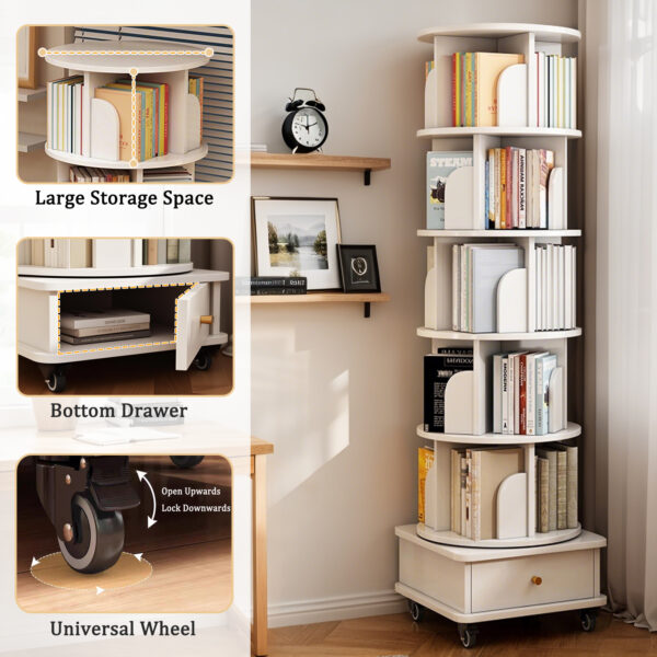 6 Tier Rotating Bookshelf, 360° Display Round Spinning Bookshelf with Wheels and Drawer, Space-Saving, Small Space Rotating Bookshelf Tower for Bedroom, Living Room, Home, Office, Warm White
