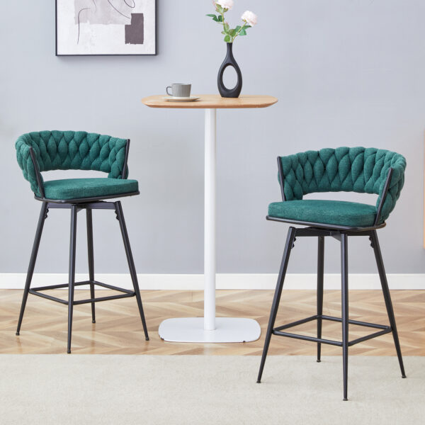Two rotating bar stools with breathable cotton and linen soft cushions, in a retro green seat and black spray-painted iron frame, suitable for both restaurants and bars