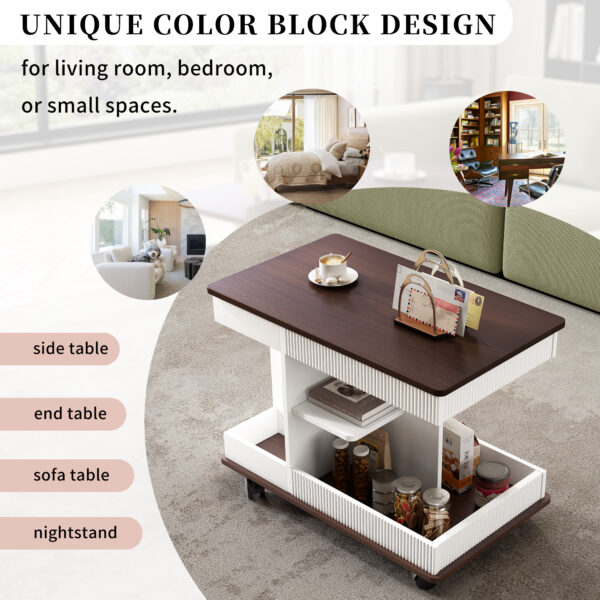 U-Can Adjustable End Table with Wheels, Modern Multifunctional Sofa Side Table with Lift-Top, 360°Rotating Top and Storage Space for Living Room, Small Space