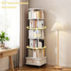 6 Tier Rotating Bookshelf, 360° Display Round Spinning Bookshelf with Wheels and Drawer, Space-Saving, Small Space Rotating Bookshelf Tower for Bedroom, Living Room, Home, Office, Warm White