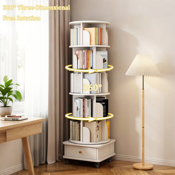 6 Tier Rotating Bookshelf, 360° Display Round Spinning Bookshelf with Wheels and Drawer, Space-Saving, Small Space Rotating Bookshelf Tower for Bedroom, Living Room, Home, Office, Warm White