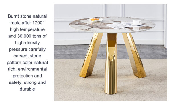99669850da904b2baff1d22da2af4703_22528cf321409c924f1326c62ef03803 A 42-inch stainless steel white pattern burning stone round table with gold legs Round table suitable for 2, 4 or 6 people