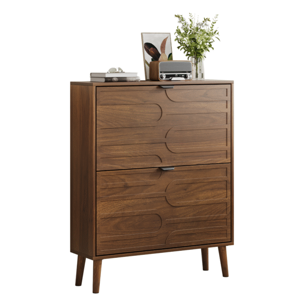 Medieval Modern Independent Shoe Cabinet, 31.5-inch Walnut Shoe Storage Cabinet,, Fence Shoe Cabinet with 2 Flip Drawers, Suitable For Corridors And Entrances
