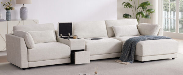 [VIDEO+NEW]124'' Modular Sectional Sofa with Storage Console and Movable Ottoman,33'' Wide Seat,4 Seat L Shaped Chenille Couch,Reversible Comfy Sofa with USB Charger for Living Room,Apartment,2 Colors