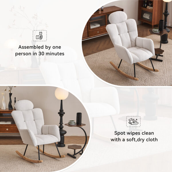 055-Teddy Fabric Upholstered Nursery Rocking Glider Chair Modern Accent Armchair Padded Seat with High Backrest and Pillow for Living Room Bedroom (Ivory)