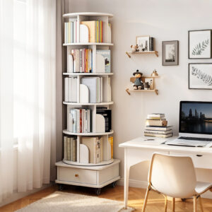 6 Tier Rotating Bookshelf, 360° Display Round Spinning Bookshelf with Wheels and Drawer, Space-Saving, Small Space Rotating Bookshelf Tower for Bedroom, Living Room, Home, Office, Warm White