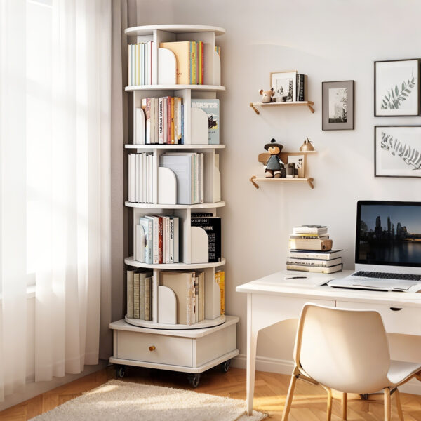 6 Tier Rotating Bookshelf, 360° Display Round Spinning Bookshelf with Wheels and Drawer, Space-Saving, Small Space Rotating Bookshelf Tower for Bedroom, Living Room, Home, Office, Warm White