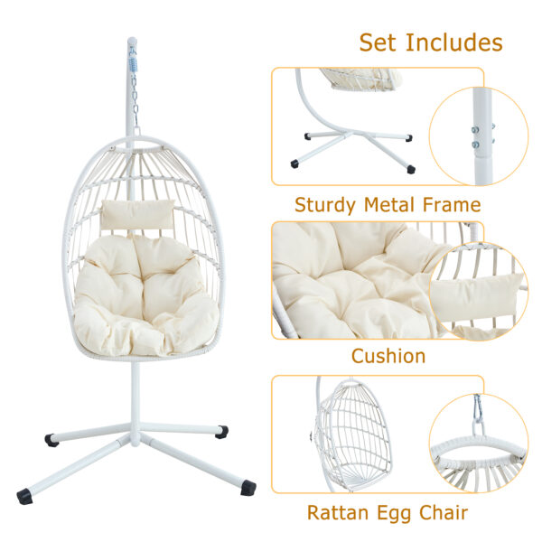 Heavy-Duty Iron Hanging Chair with Wicker Weave – Single Person Swing for Indoor/Outdoor (White)