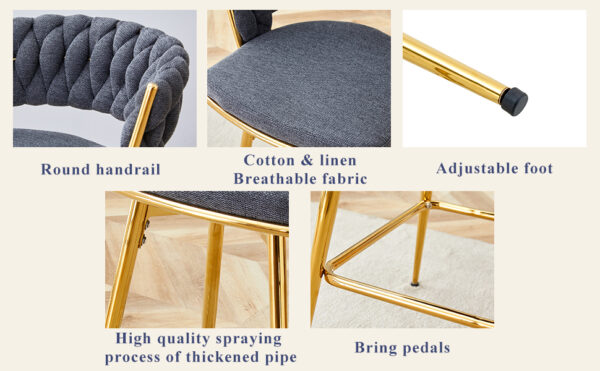 Two-piece rotating swivel chair, Dark gray cotton and linen soft seat, golden metal legs, rust-proof and wear-resistant, suitable for restaurant/bar high tables, lightweight single unit