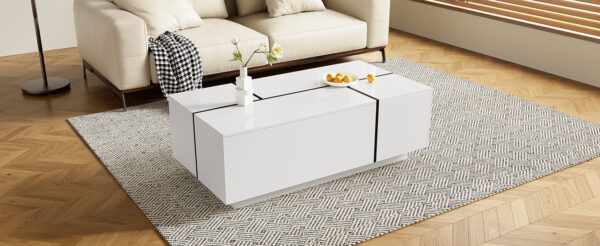 U-Can 47.2''-72.7'' Extendable Coffee Table, Multi-Functional Coffee Table with High-Gloss Finish, Coffee Table with 2 Hidden Storage Space and 2 Drawers for Living Room