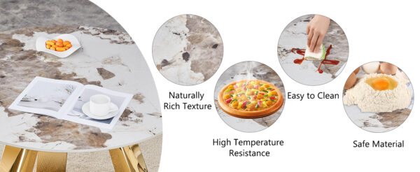 9b34e5948f6345118b13ed3e9c1b9406_6d05f8ad2a384e7b4e33613eee64c742 A 42-inch stainless steel white pattern burning stone round table with gold legs Round table suitable for 2, 4 or 6 people