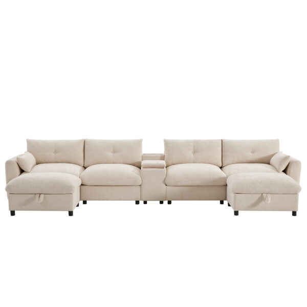 142'' Modular Sectional Sofa with Movable Storage Ottoman and Console,Cup Holder,Wide Seat,6 Seat U Shaped Couch,Oversized Chenille Sofa with USB Charger for Living Room,Apartment,2 Colors