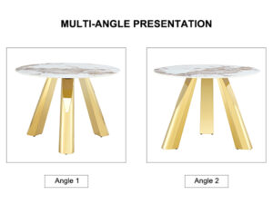 A 42-inch stainless steel white pattern burning stone round table with gold legs Round table suitable for 2, 4 or 6 people