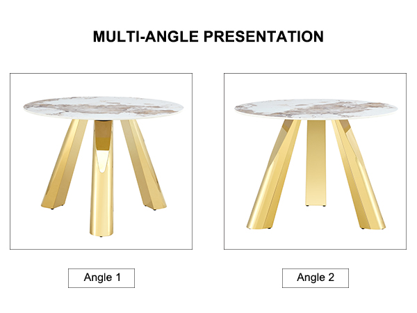 9b5473555db24d7fab3515c15750d62c_938d349cf6ca6cc235362d0292aabb69 A 42-inch stainless steel white pattern burning stone round table with gold legs Round table suitable for 2, 4 or 6 people