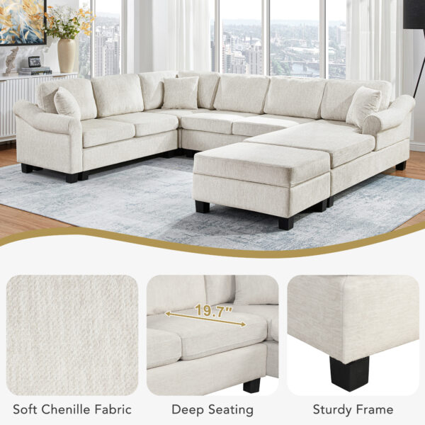 Sectional Sofa 111.8" U-shaped Sofa Chenille Upholstered Sofa Couch with Movable Storage Ottoman for Living Room, White