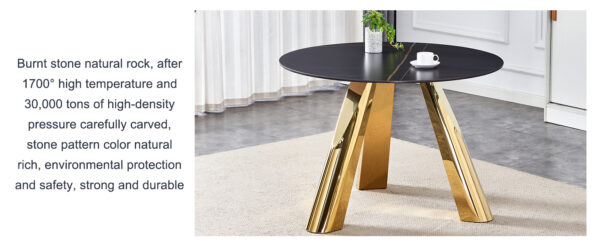 9bb4e5e0639245d8a582dcdca54844d2_f828aeb34f1c03c5db1927b9c33118e1 The 42-inch stainless steel gold-plated flamed granite round table with seating for 4 or 6 people is perfect for dining, entertaining, or as a conference table